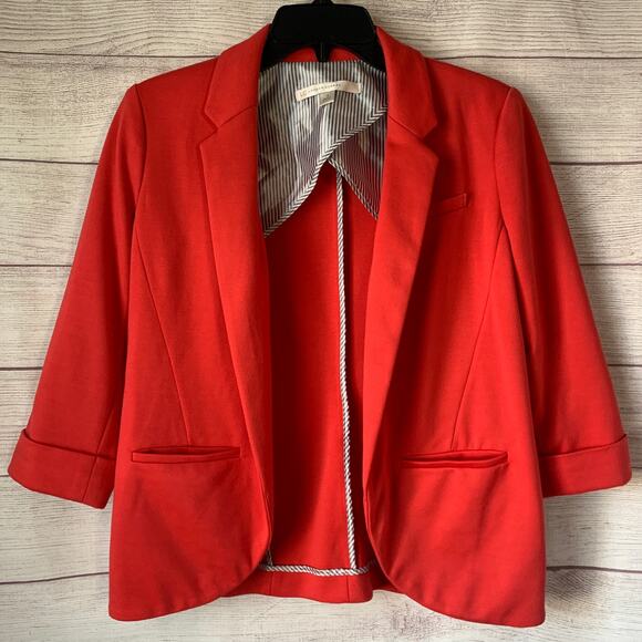 Lauren Conrad Dark Coral Pink Blazer Jacket Open Front Elbow Length Sleeves Sz 4 - Picture 1 of 11